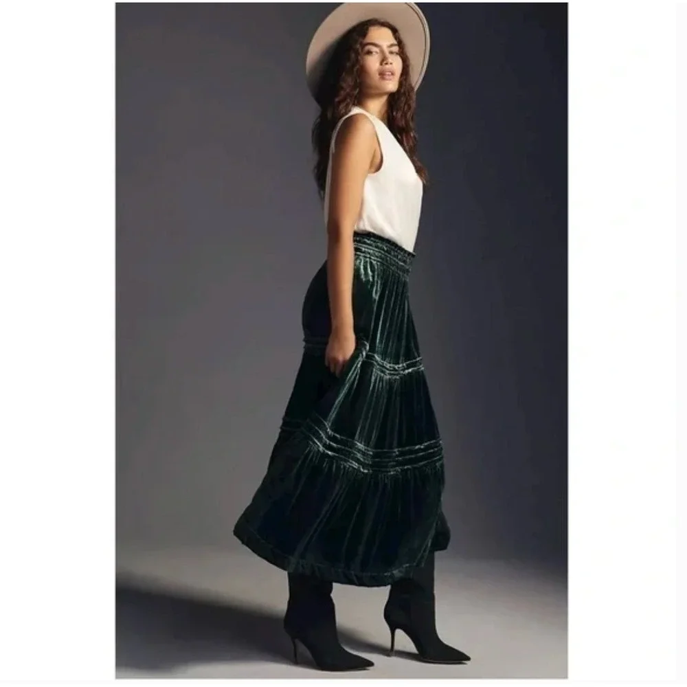 Anthropologie Velvet Tiered Skirt SMALLGreen Whimsigoth Holiday Boho Pockets - Picture 3 of 8